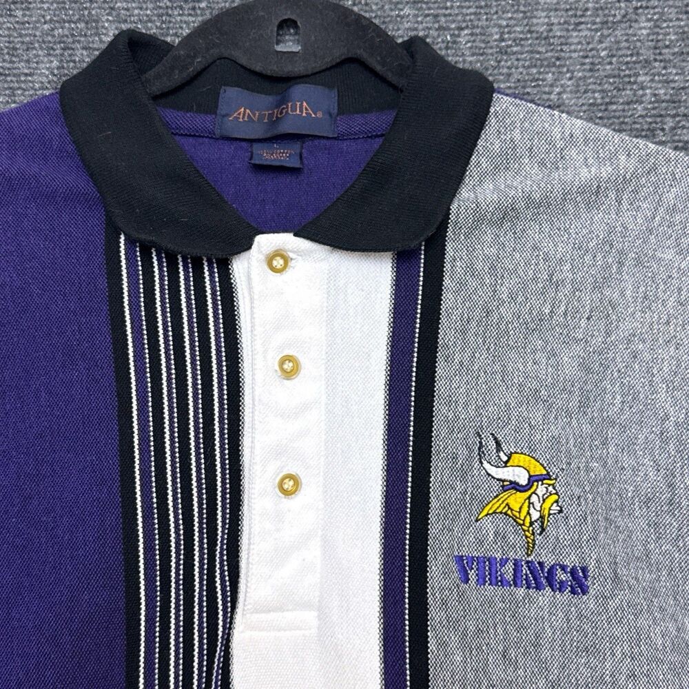 Vintage Antigua Minnesota Vikings Striped Polo Shirt Mens Short Sleeve L NFL 90s